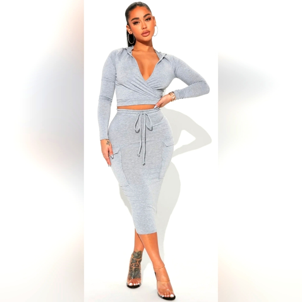 Fashion Nova Gray Two-Piece Hoodie Set